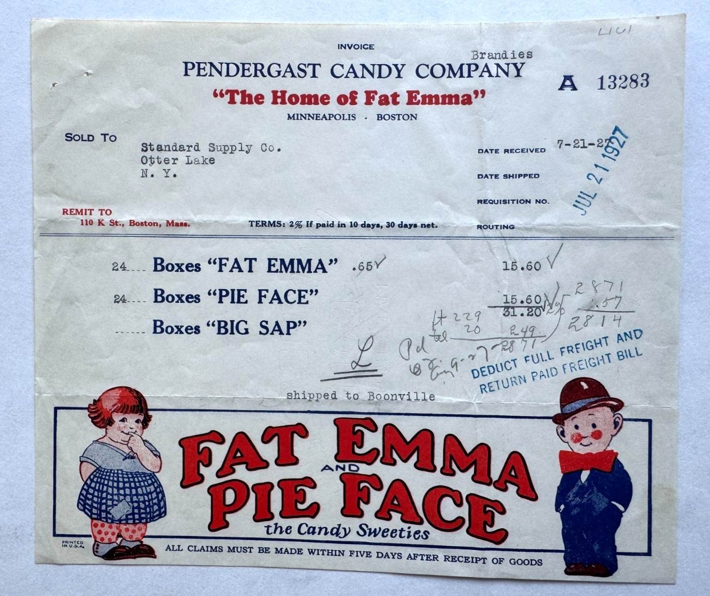 Vintage 1927 Color Billhead Fat Emma Pie Face Pendergast Candy Co Minneapolis MN