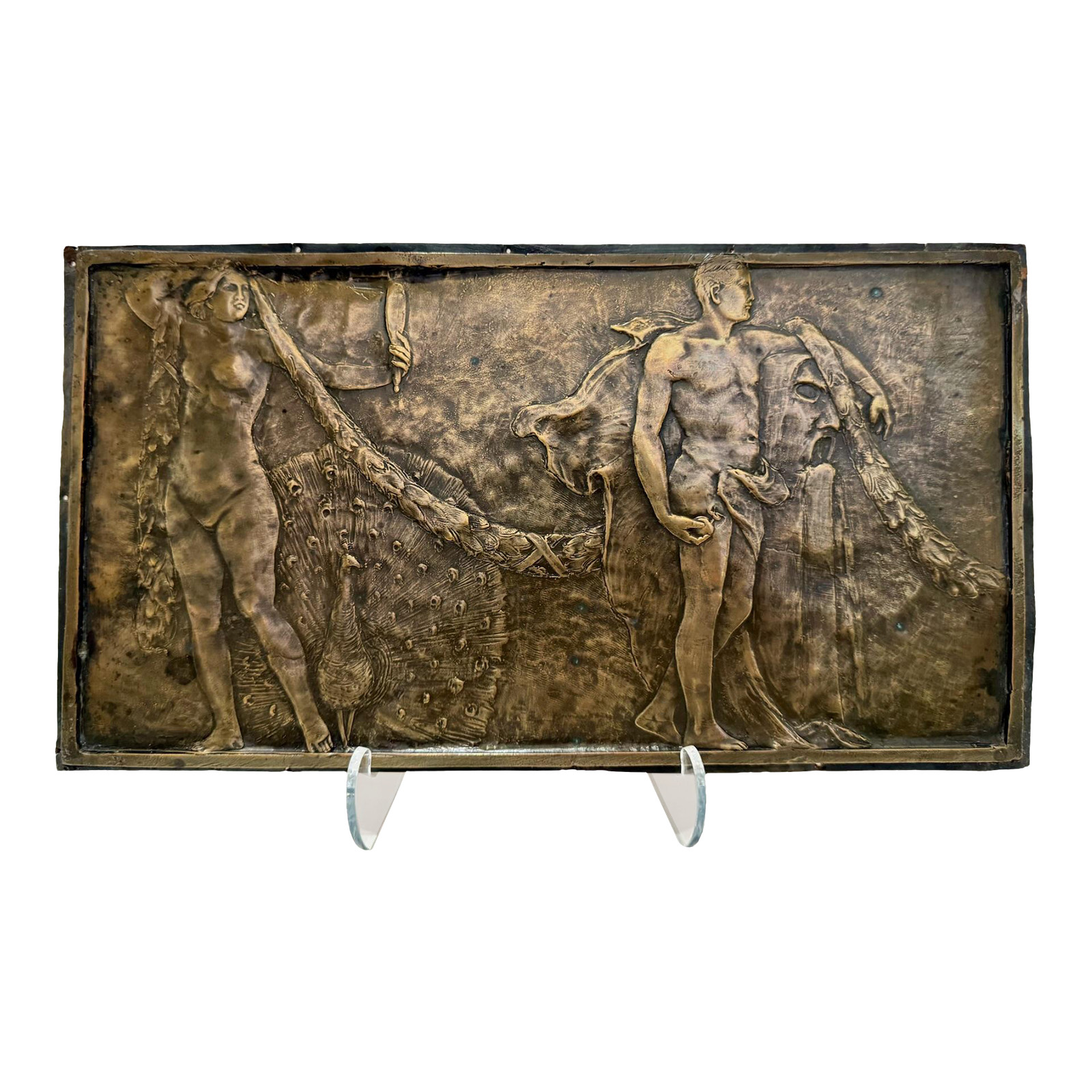 Vintage Art Nouveau Style Bronze Relief Plaque Nude Figures With Peacock