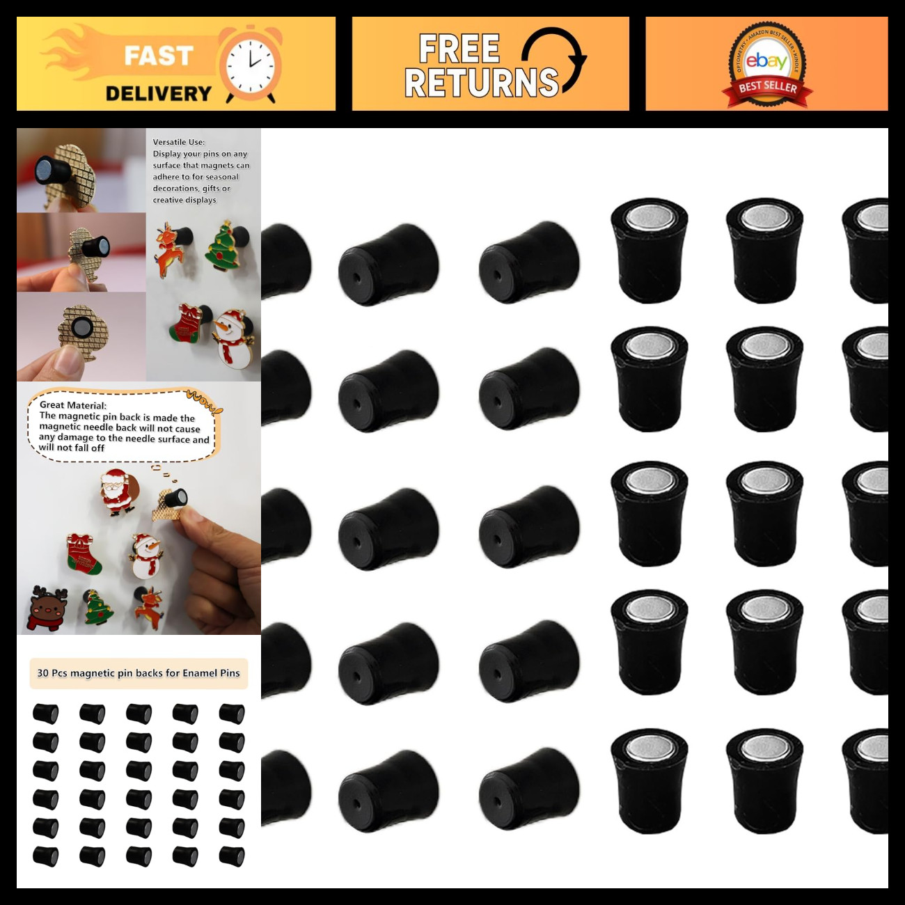 30 Pcs Black Magnetic Pin Backs, Pin to Magnet Converter for Enamel Pins