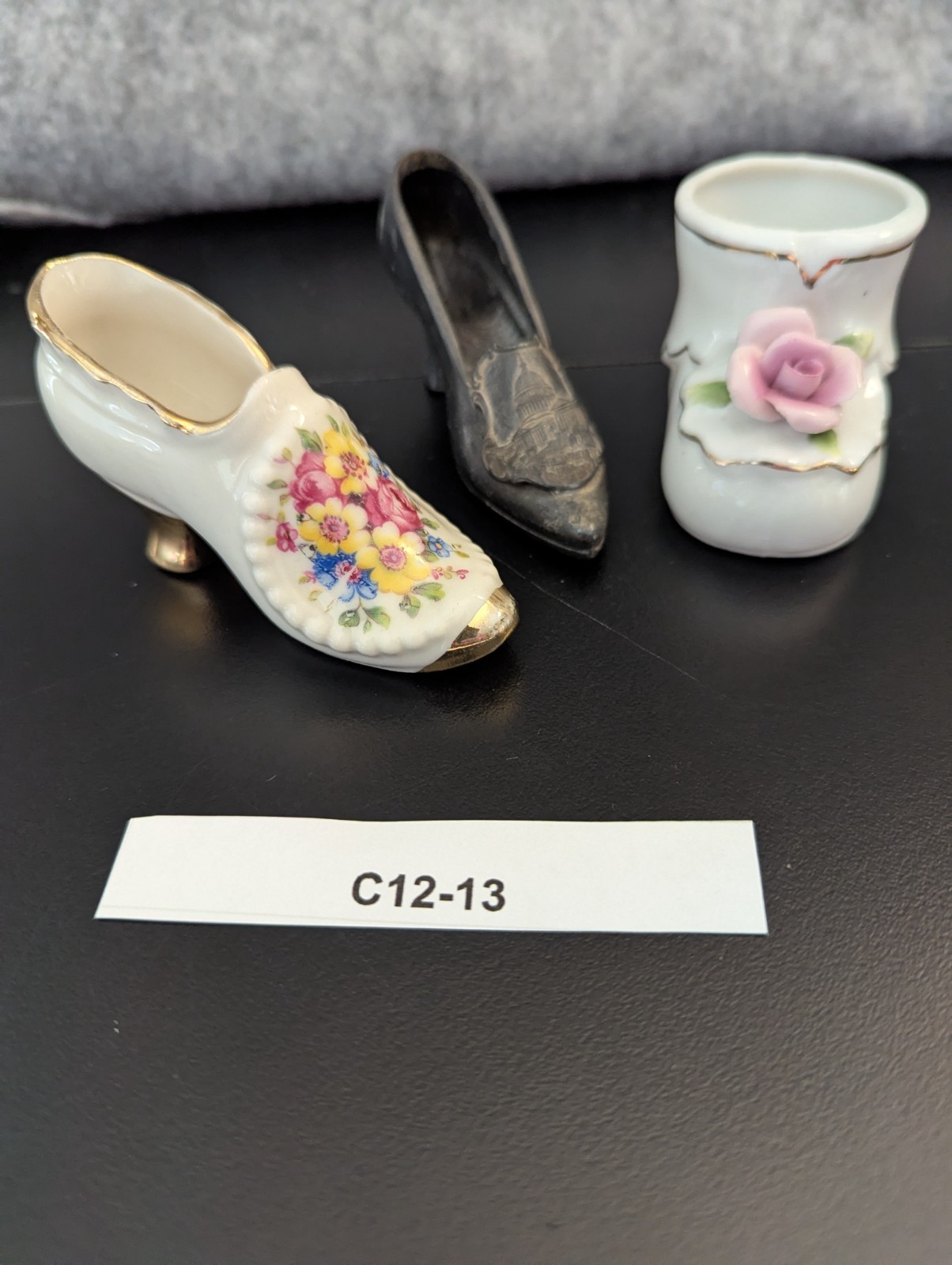 Vintage Porcelain Shoe Figurine w Rose Flower Motif Slipper 22K Gold Trim