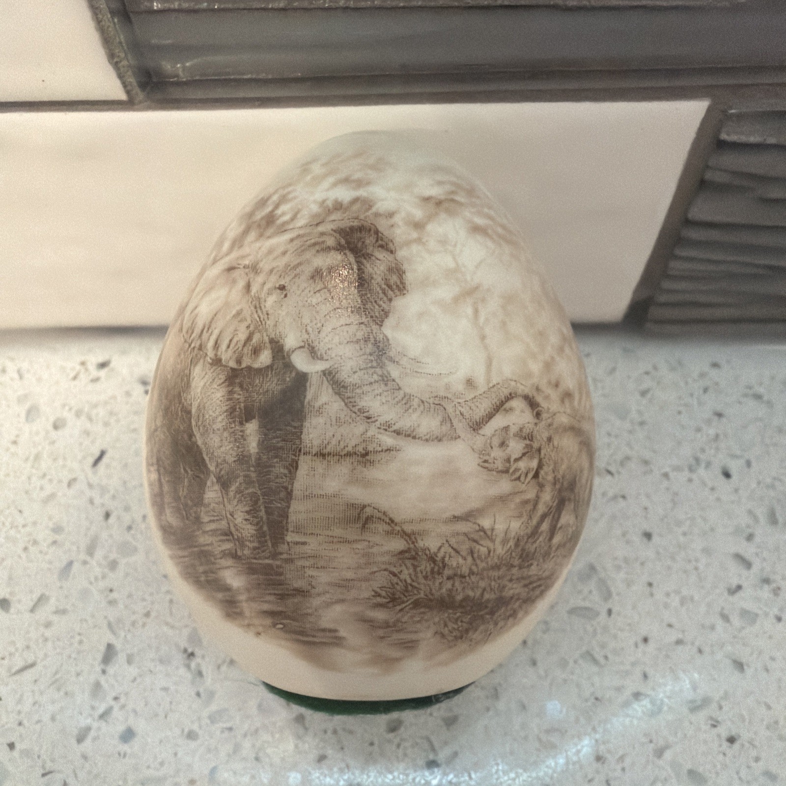 Vintage South Africa Scrimshaw Egg | Elephants Portrait | Hand Painted 1950s