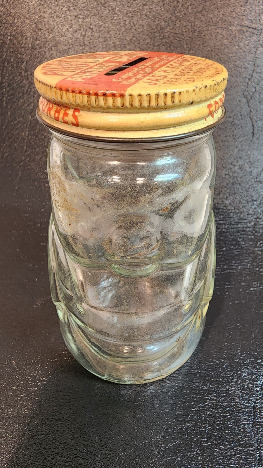 Vintage Jas H Forbes Hazel Atlas Glass Piggy Bank Prepared Mustard Jar Coin Bank