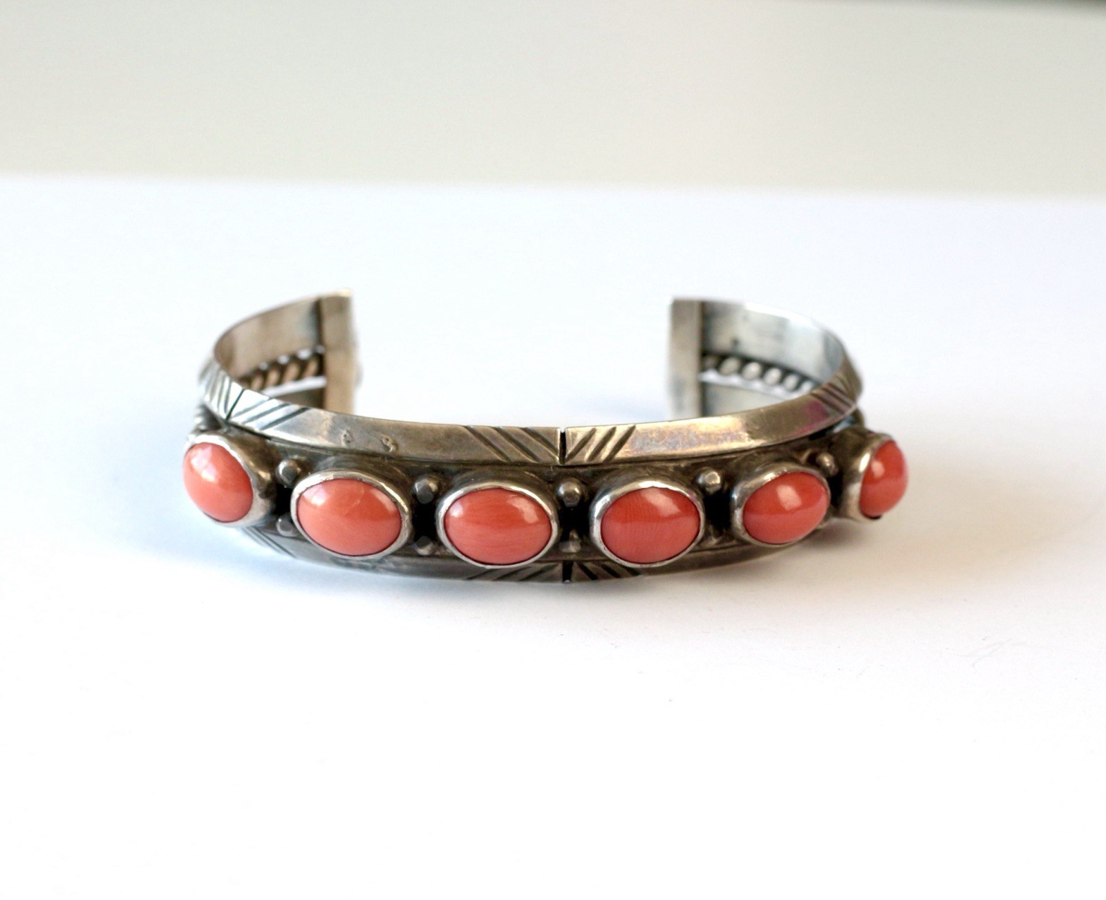 Navajo Coral and Silver Cuff Bracelet 42g Native American Vintage