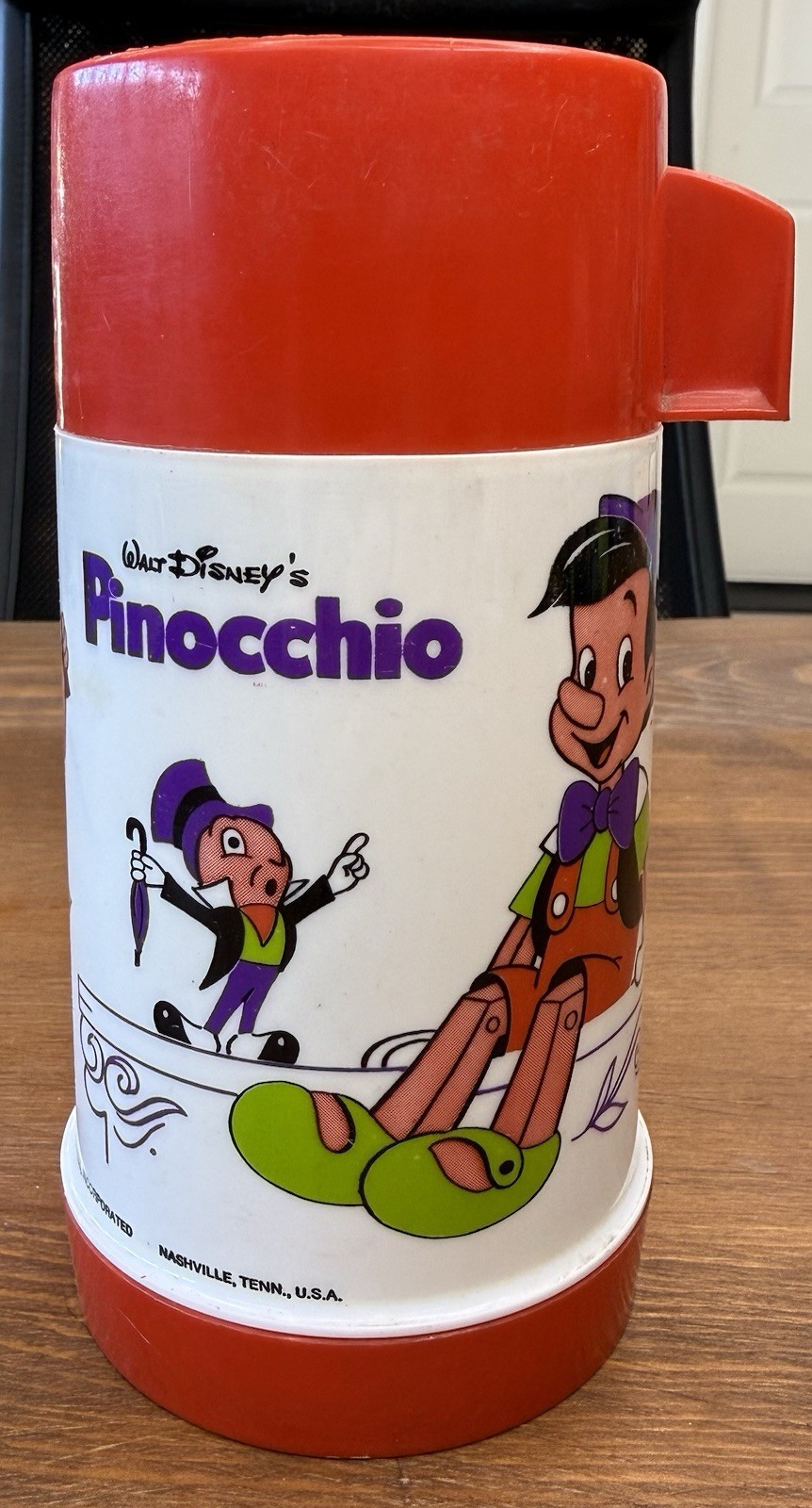 Vintage 1971 Pinocchio Plastic Thermos For Metal Lunchbox Aladdin Walt Disney
