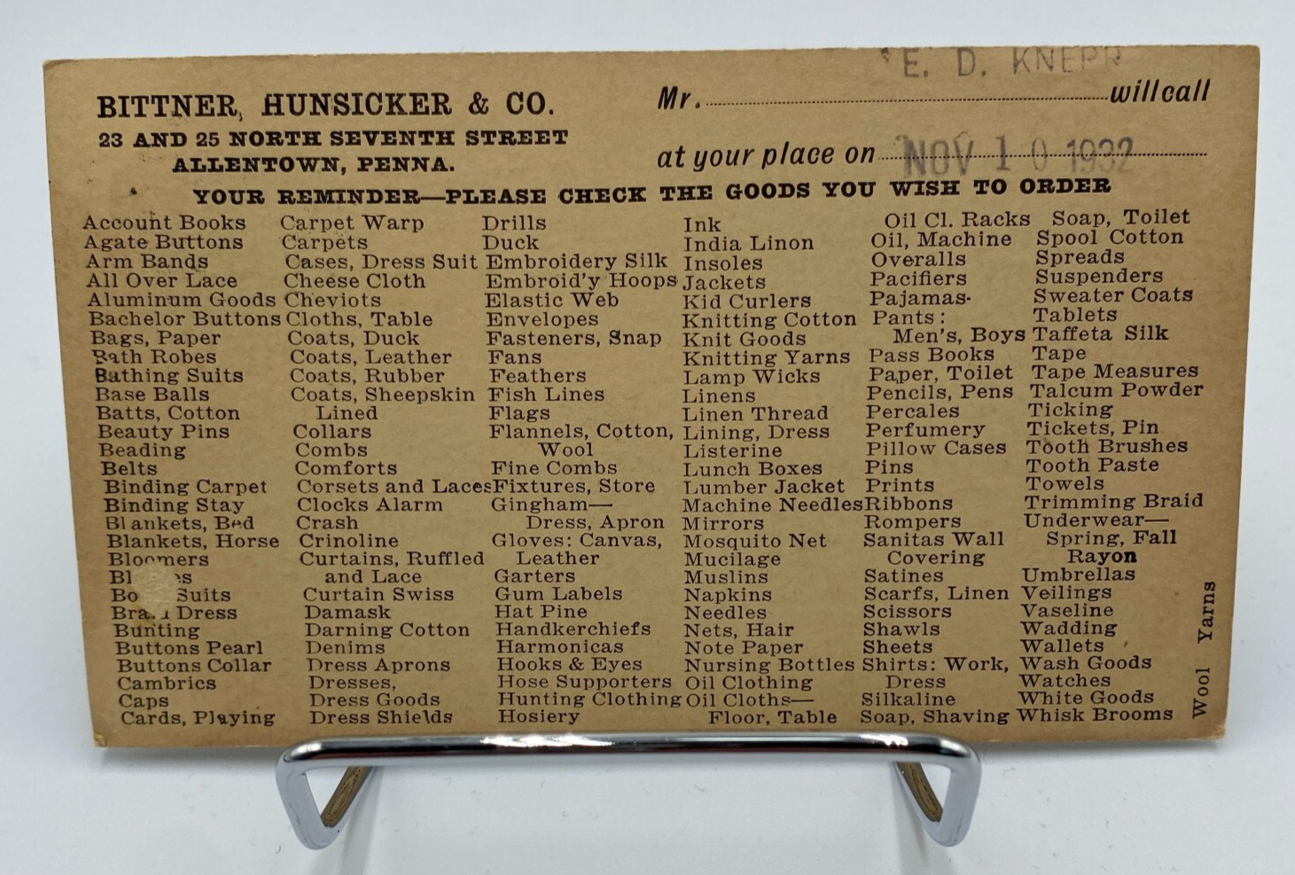 Vtg c.1932 Bitter Hunsicker & Co. Advertisement Postcard