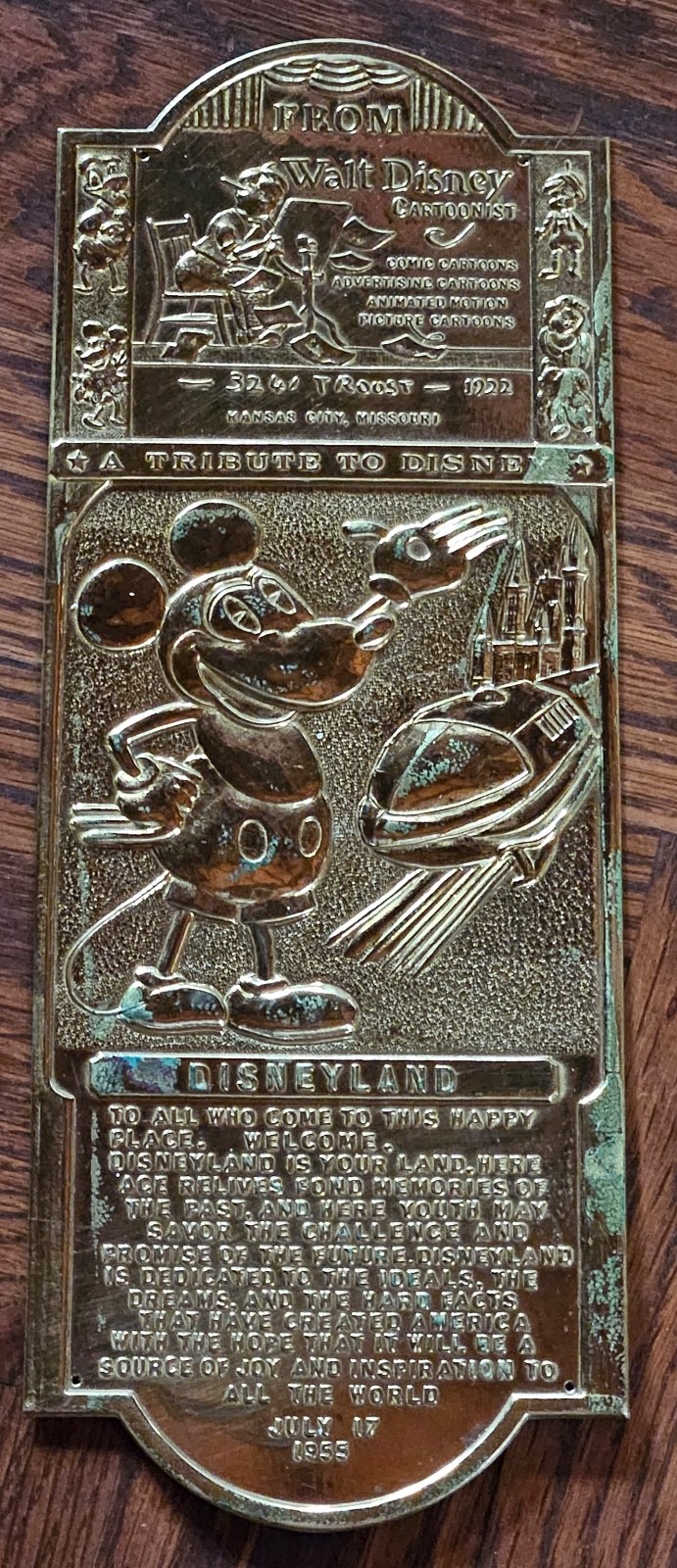Vintage Disneyland Brass Tribute Door Push Plate Plaque Mickey Walt Disney