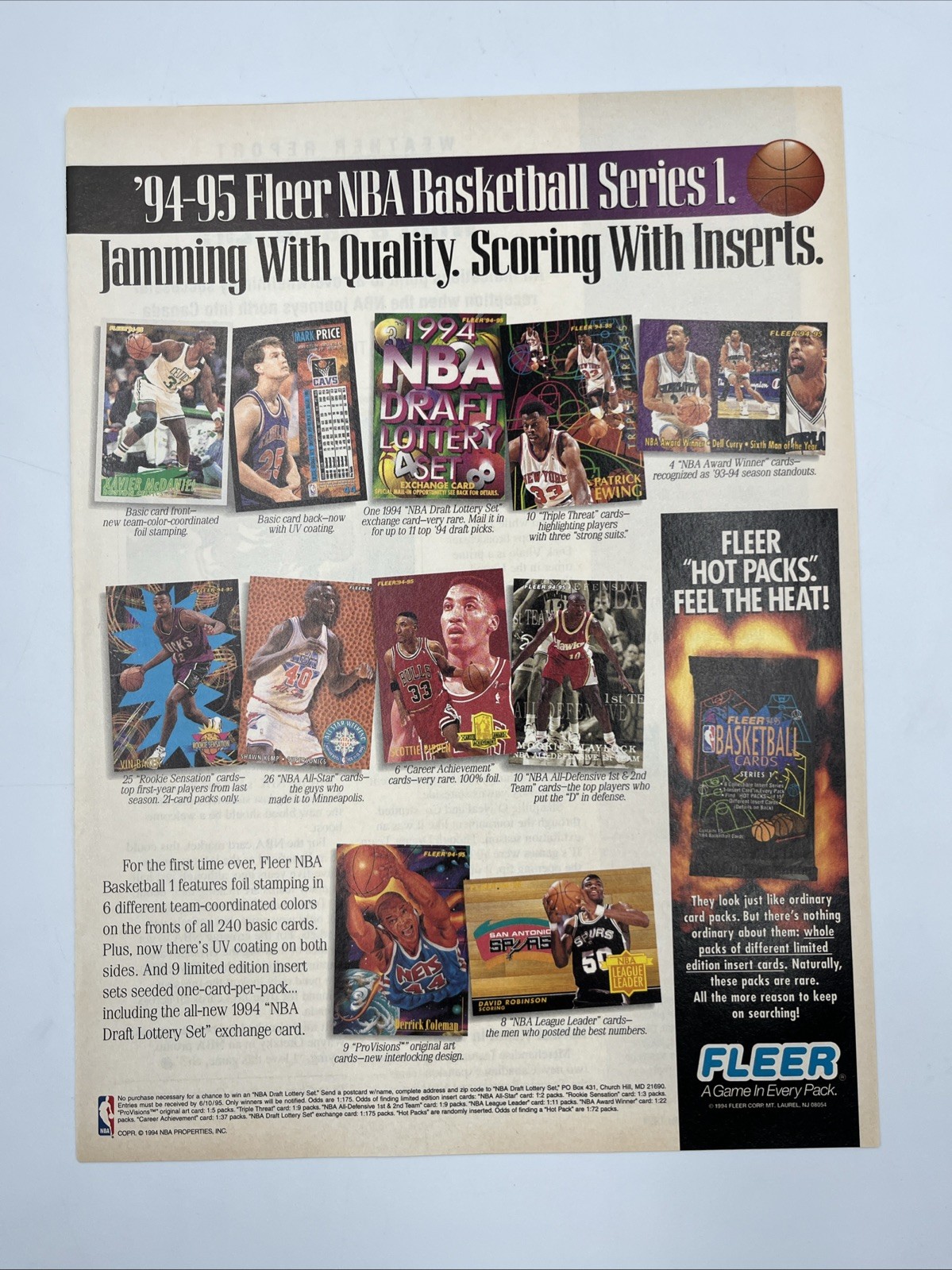 Magazine Print Ad 1994-95 Fleer Basketball Cards Pro Visions Hot Packs Vintage