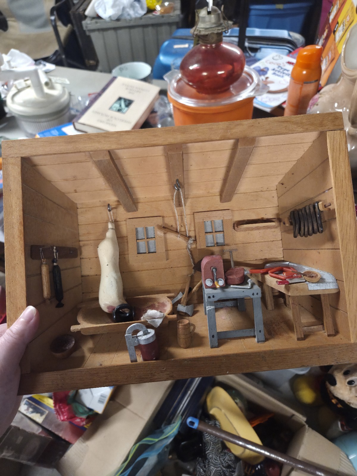 Vintage Artisan Wooden Butcher Shop Miniature Diorama Shadow Room Box Signed
