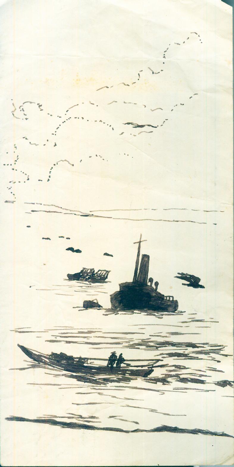 China Drawing USS Estes Taiwan Tsingtao Hong Kong Shanghai  c1947