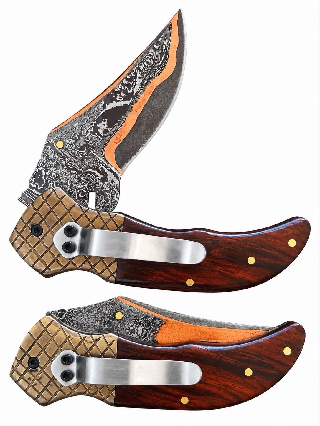 Handmade Copper Damascus Steel Folding Knife Wood Handle Back Clip