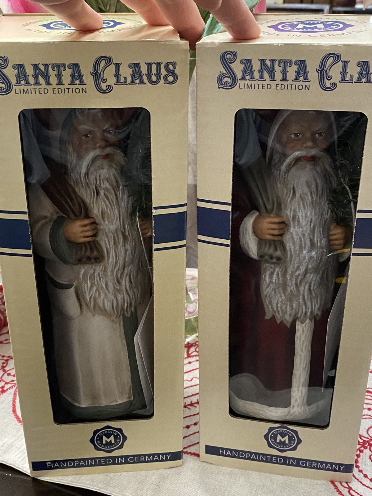 Two MAROLIN GERMANY LIMITED EDITION SANTA PAPER MACHE FIGURINE NEW 10 1/2”