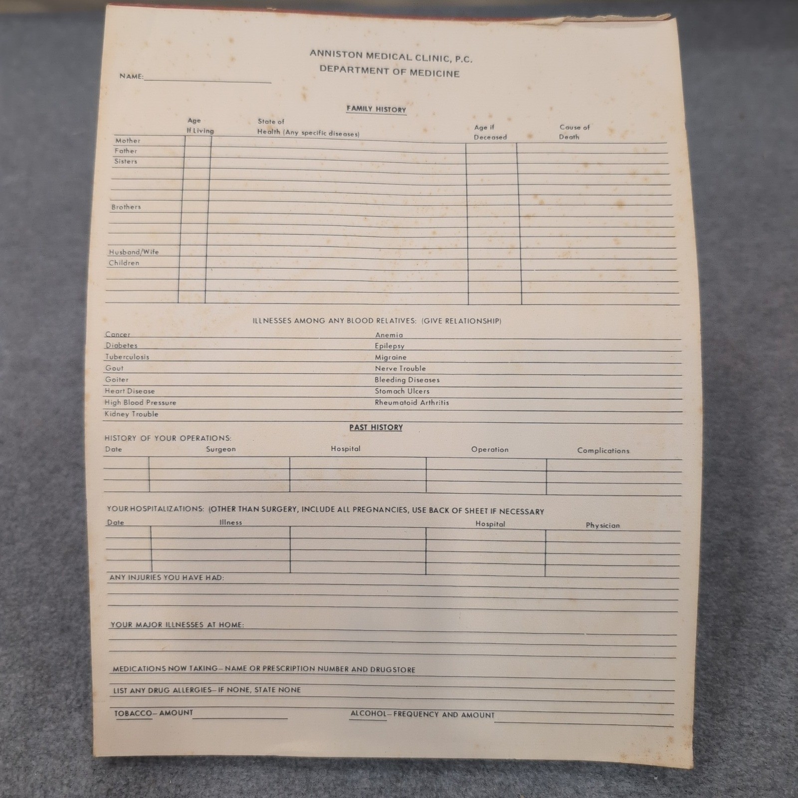 Vtg Medical Patient History Form Pad Anniston, AL Clinic PC Dept of Medicine