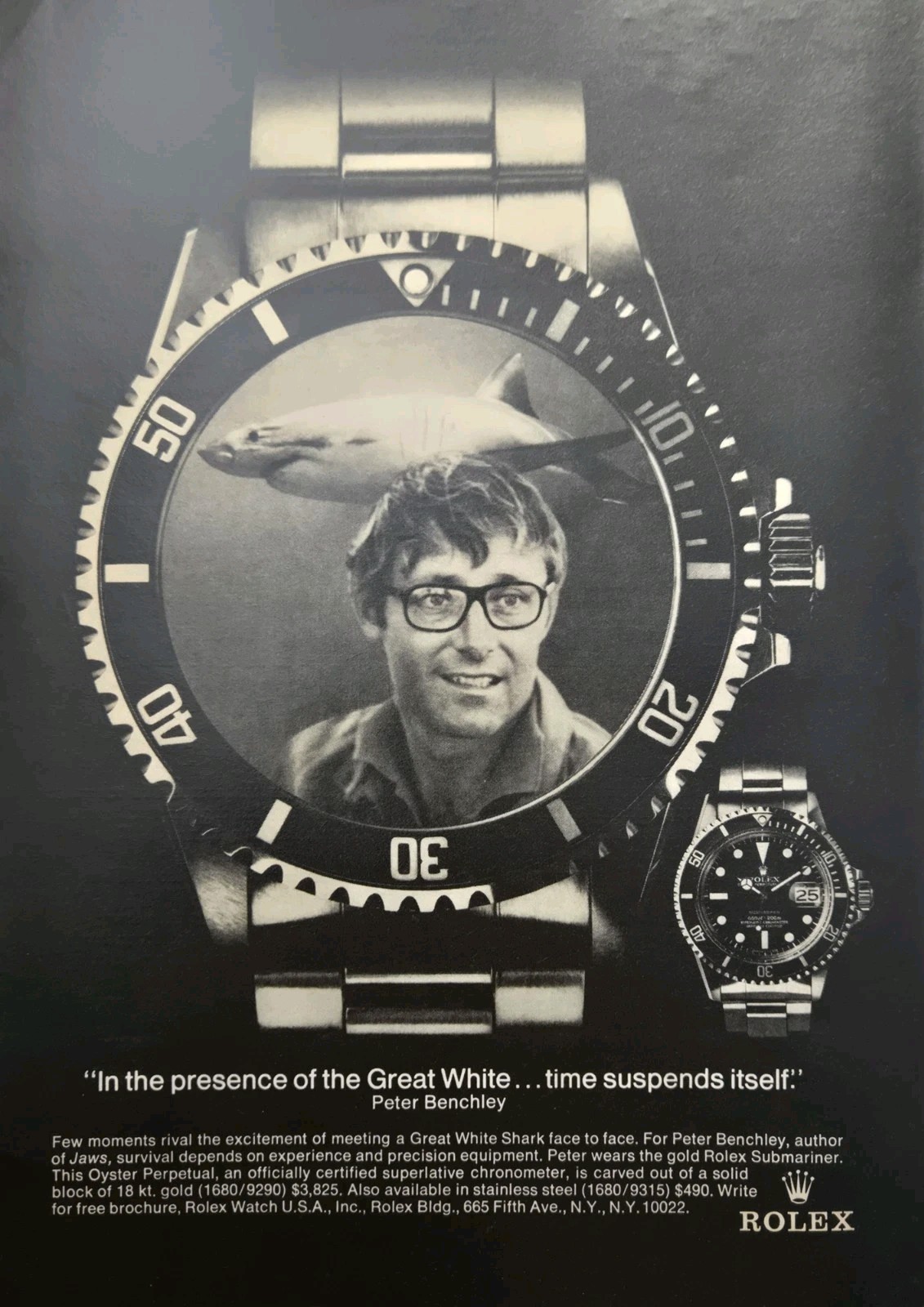 Rolex Oyster Submariner Print Ad 1976 - Jaws Peter Benchley Great White Shark