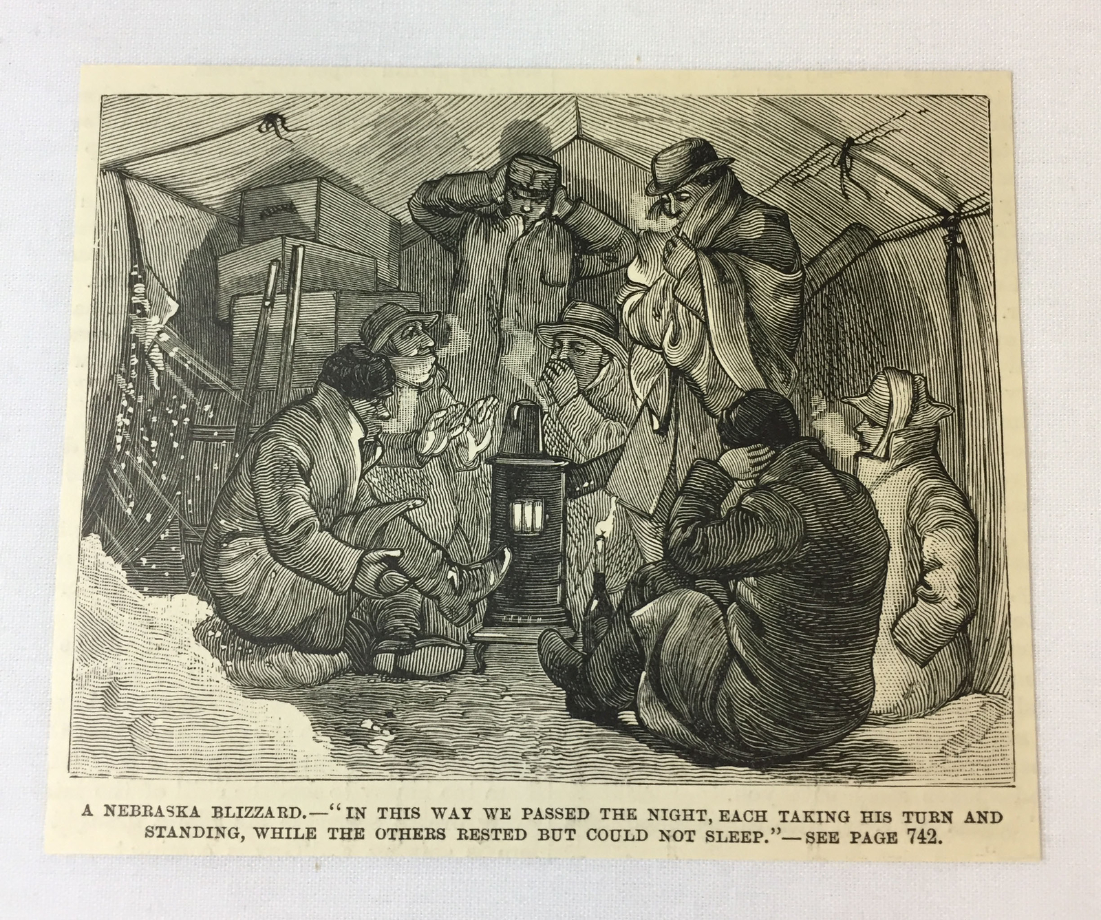 1885 magazine engraving ~ IN THE TENT DURING A NEBRASKA BLIZZARD