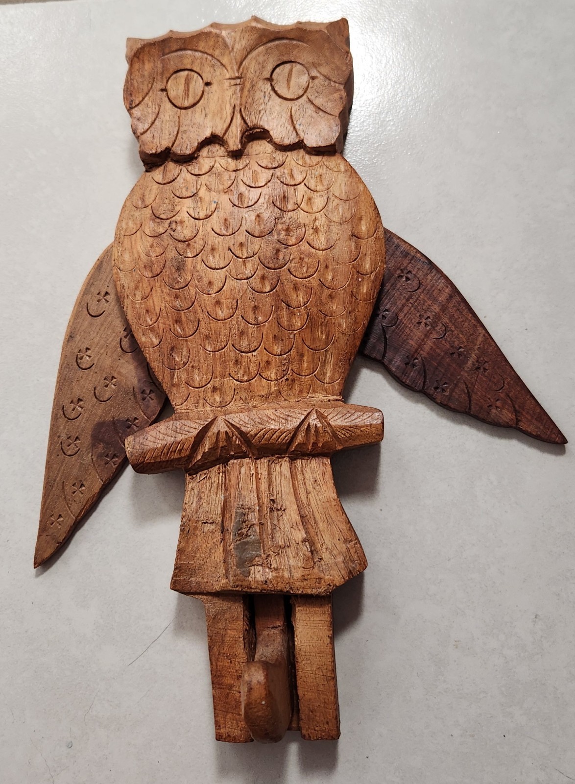 Vintage Hand-carved Wooded Owl Wall Hook- Mechanical Moving Wings Fork Art Deco