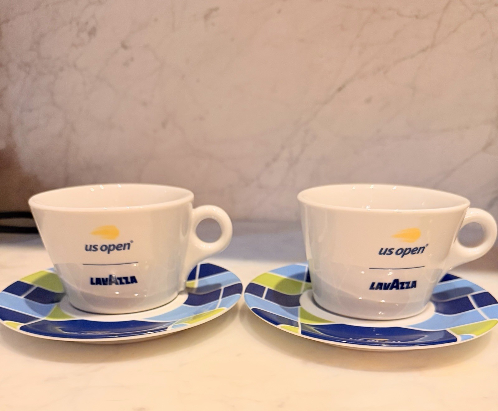 Lavazza US Open Porcelain Cup & Saucer Set 4pc for 2 Geometric Blue Green
