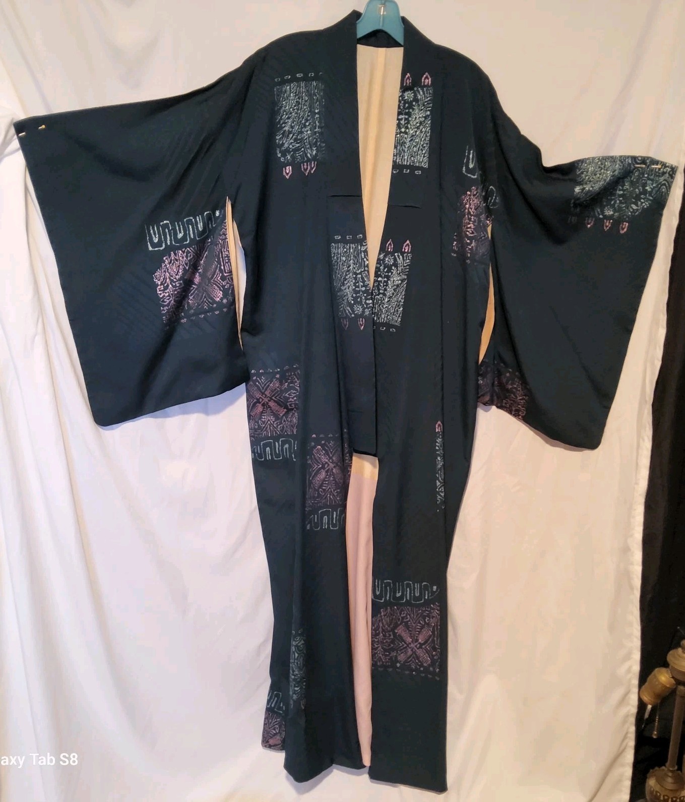 Vtg Japanese Kimono Robe Black Metallic Thread Woven Designs Fully Lined 59\