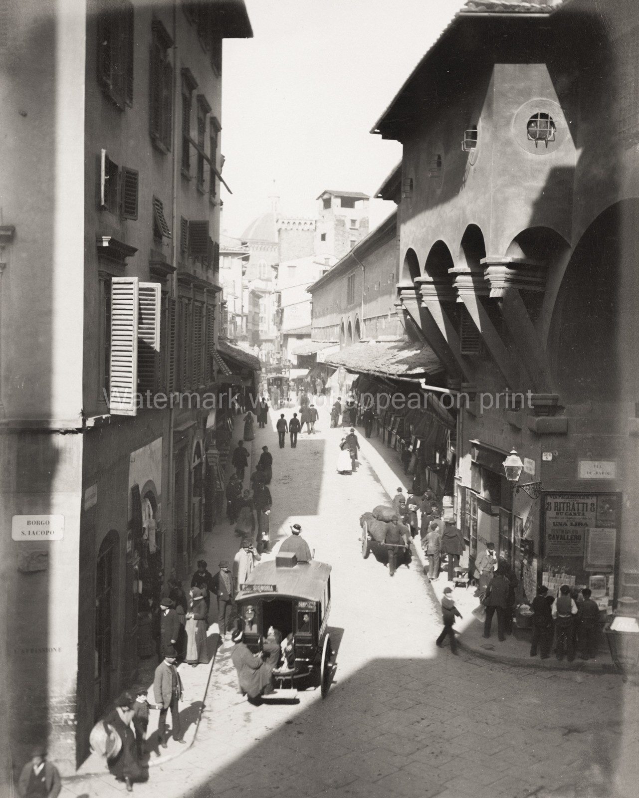 Florence Ponte Vecchio Street Scene Vasari Corridor Cityscape Vtg. Photo 19thC.