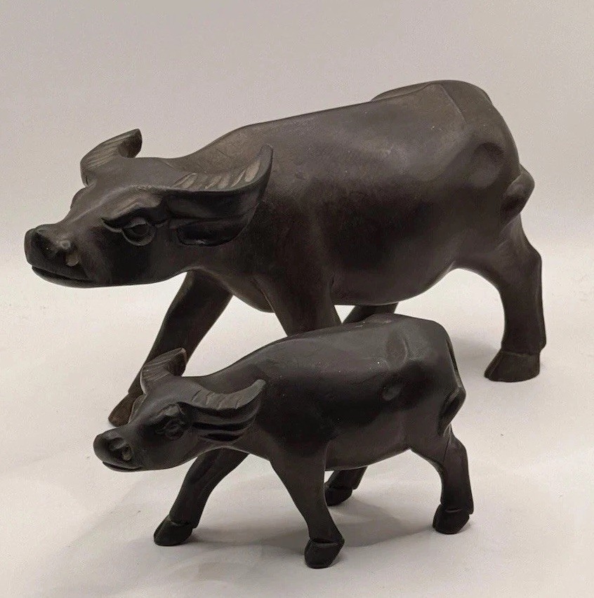 MCM Chinese Vintage 1960s Hand Carved Artisan Hardwood Water Buffalo Pair(2)