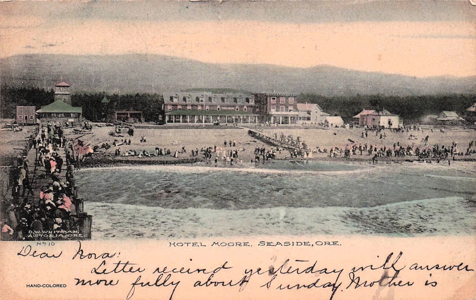 Seaside Oregon OR Historic Hotel Moore hand colored Promenade Vtg Postcard K20