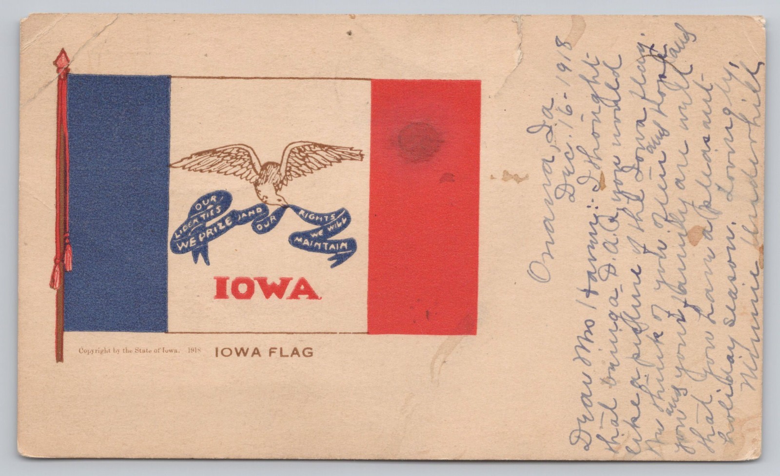 Iowa State Flag 1918 Patriotic Motto Postcard