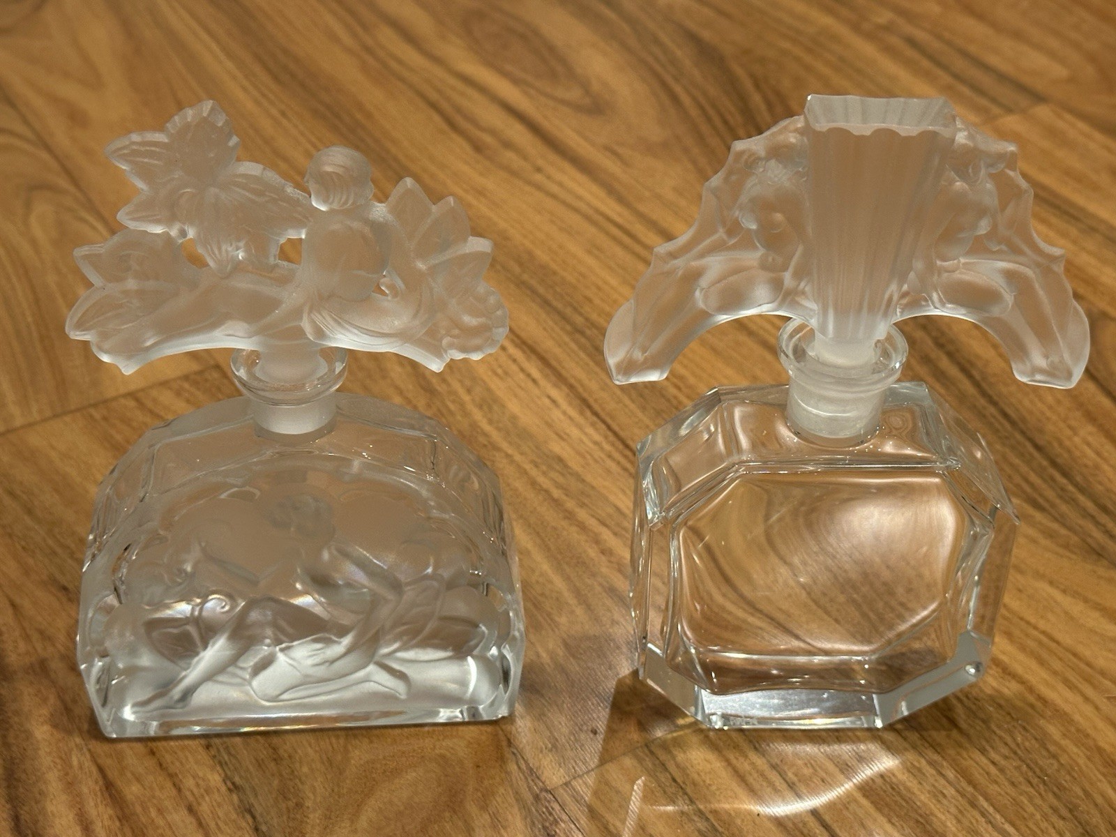 Pair Vintage Desna Czech Art Deco Crystal Perfume Bottles Frosted Nude Vanity
