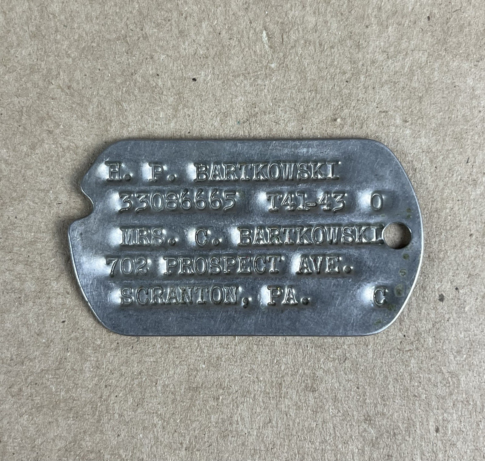 WWII Dog Tag NOK SGT Henry P. Bartkowski Scranton PA Army Air Force Veteran