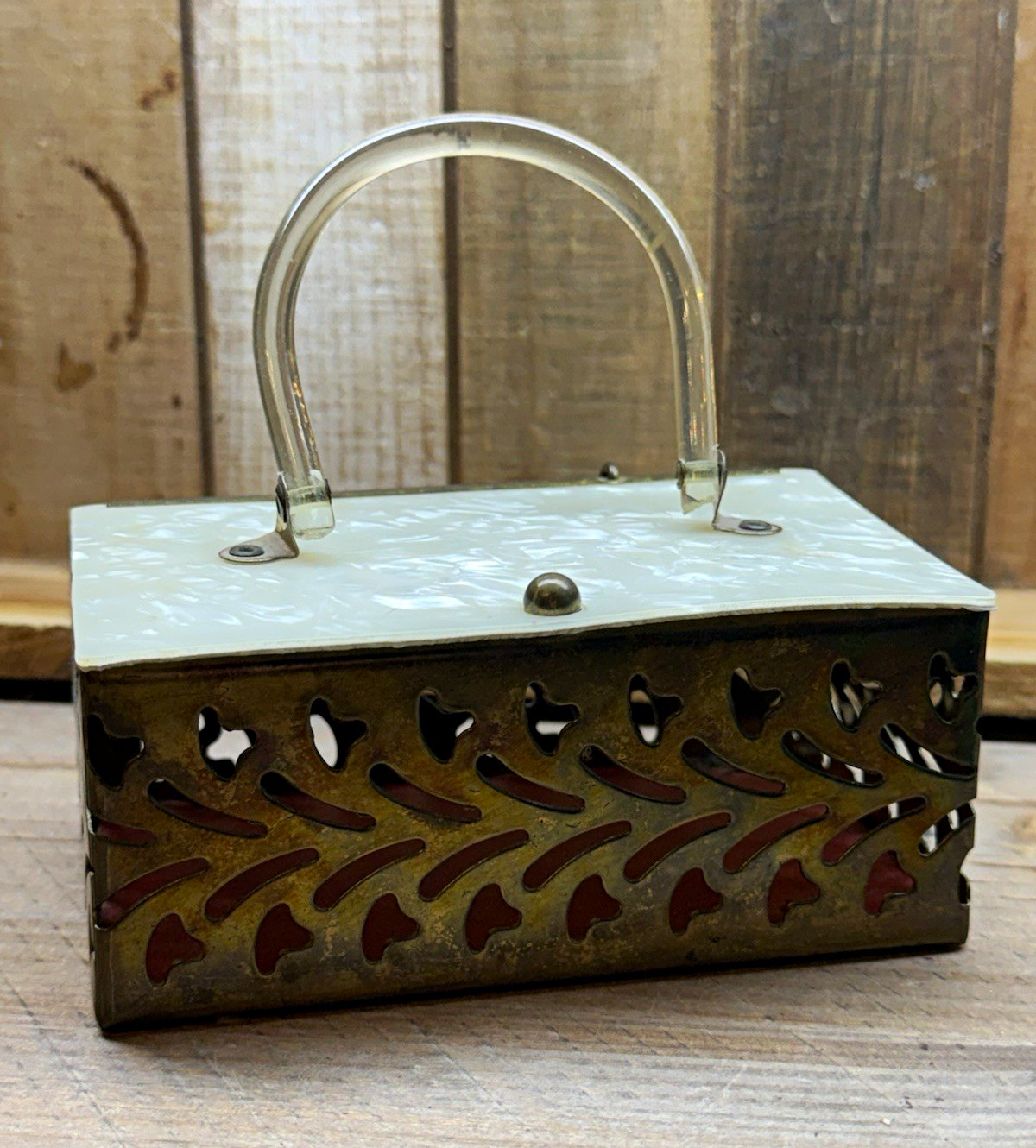 Vintage 1950s 1960s Style Box Purse Lucite Handle Pierced Metal Handbag