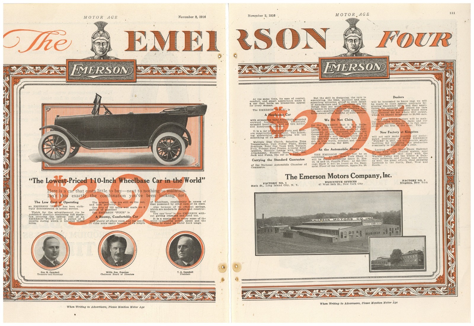 1916/17 Emerson Motors Co. of New York  2 Sep. Pg. Ad: Factory & Officer Pics