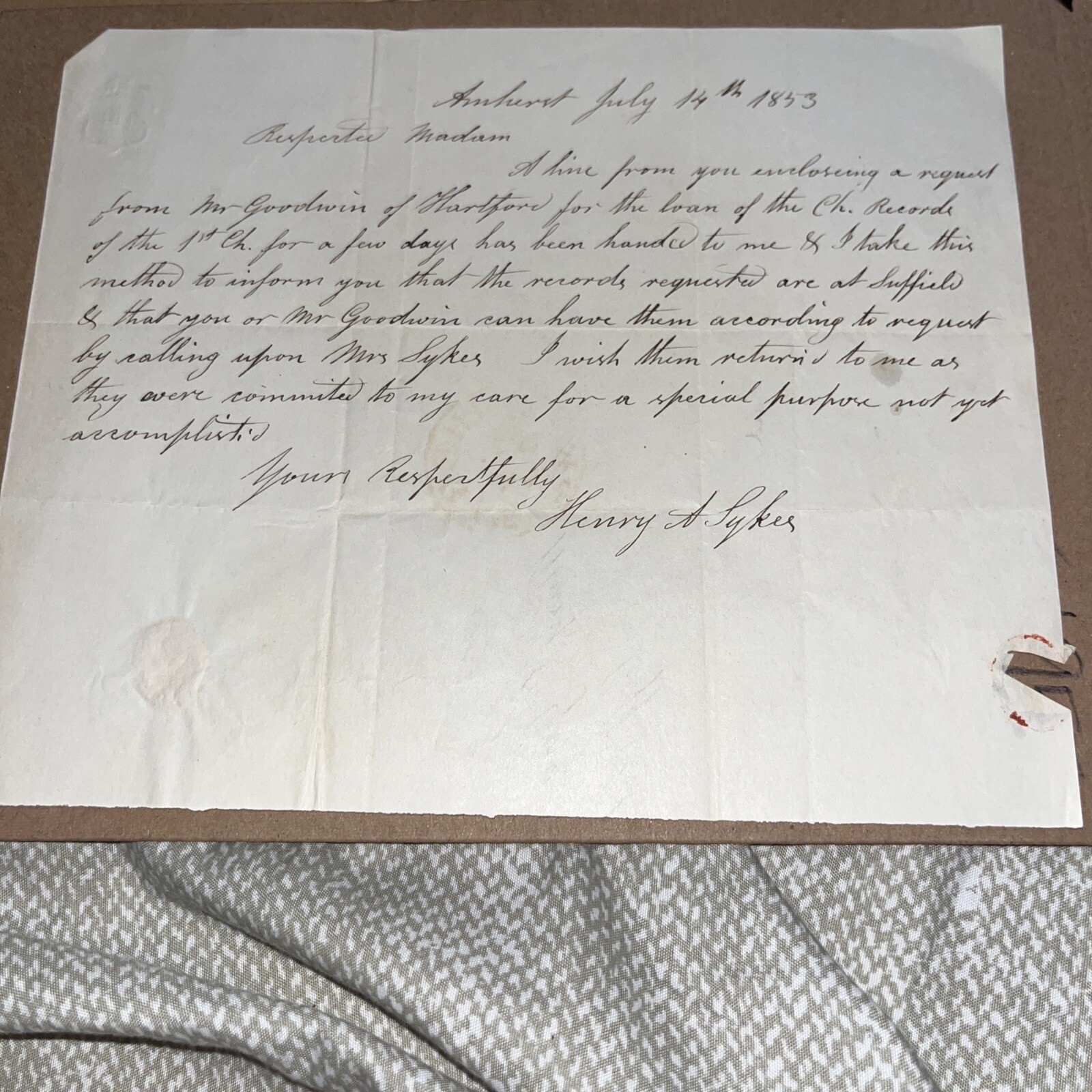 1853 Suffield CT Genealogy Letter Signed by Amherst College Building Architect
