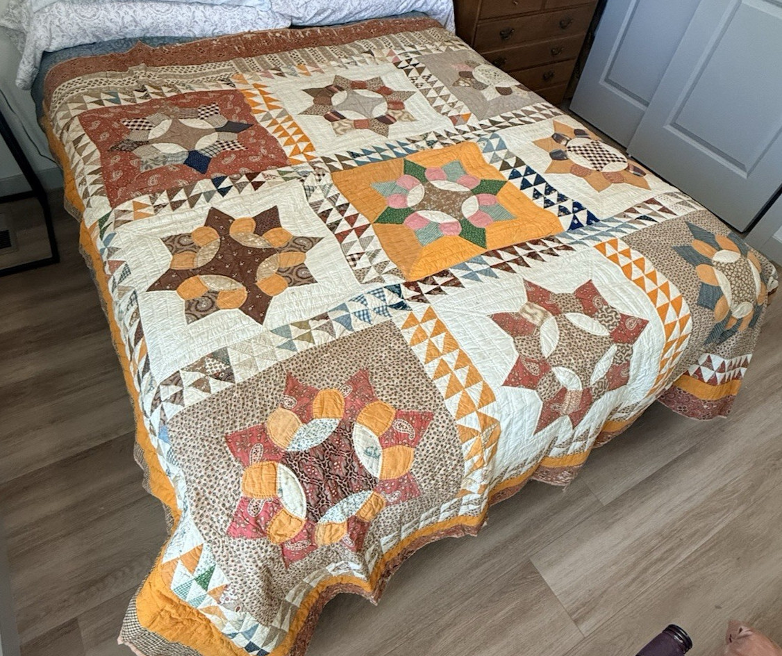 Antique 1800s Hand Stitched Caesar's Crown Scrapbag Quilt 83
