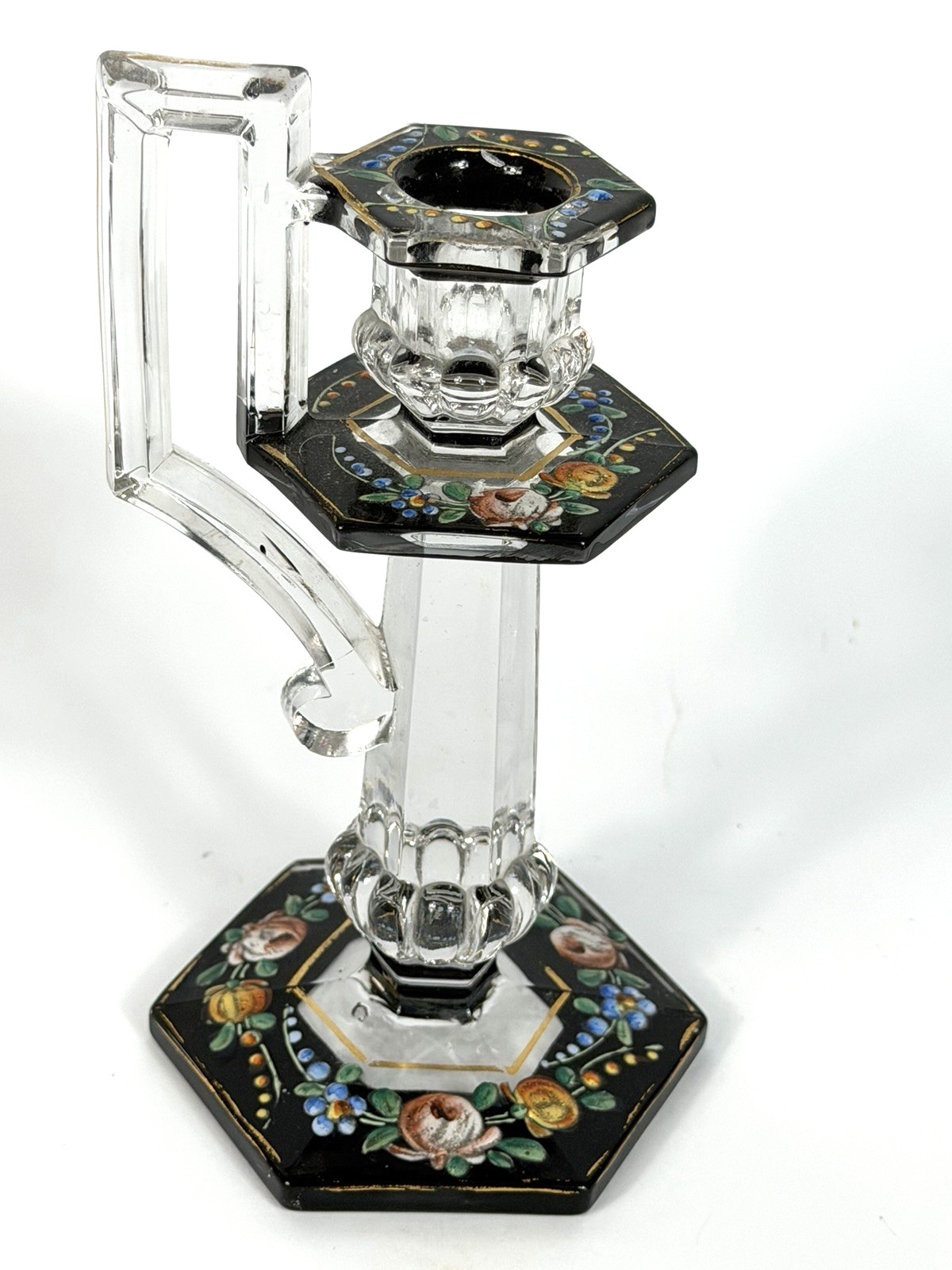 Antique English Style Art Glass Candlestick Hand Painted Enamel Floral C1900