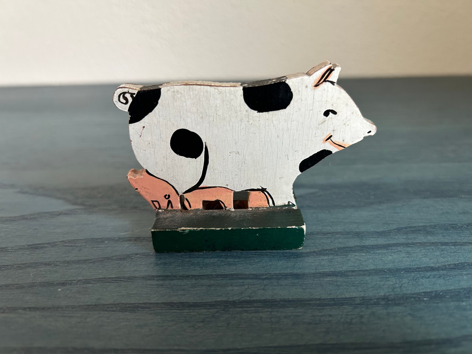 Vintage Hand Carved Wooden Pig Figurine Rustic Farmhouse Artisan Piglets Cute