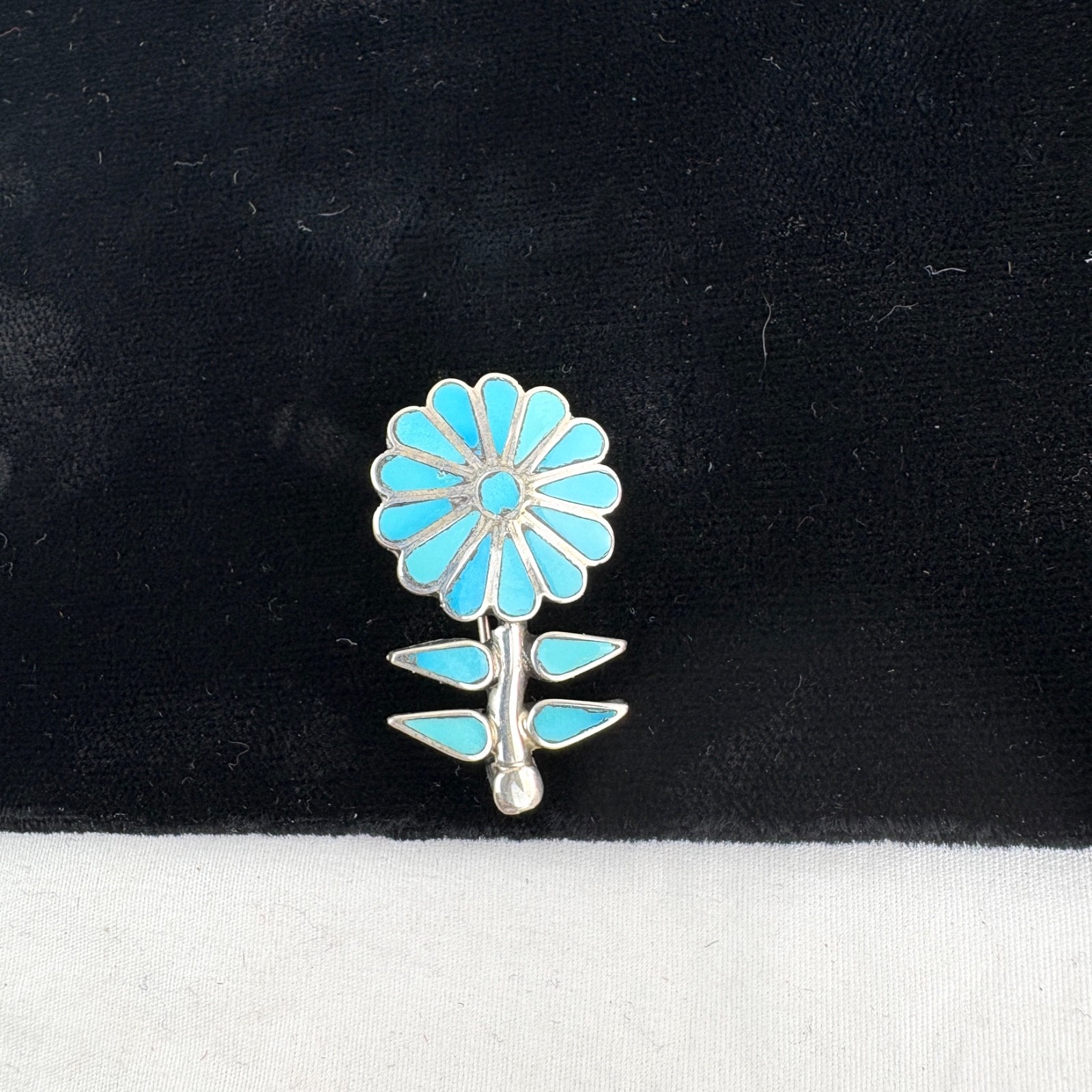 Zuni Inlay Turquoise and Silver Flower Pendant/Pin by J. Laate