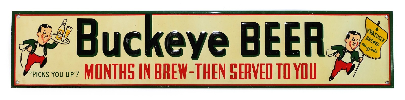Rare Vintage Buckeye Beer Advertising Tin Embossed Sign – 1940s-50s Unused