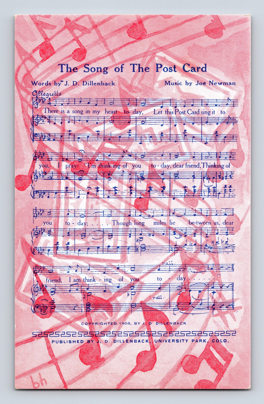 1900s The Song of the Postcard Music Score by J D Dillenback Postcard