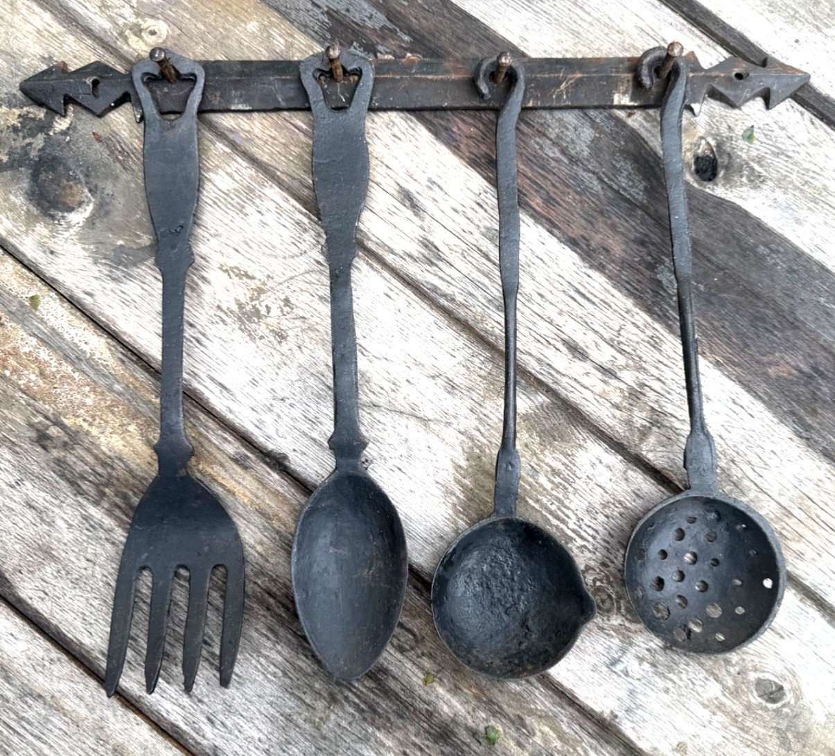 Vintage 1970s Wrought Iron Kitchen Utensils Set • Factory Typo Mark 