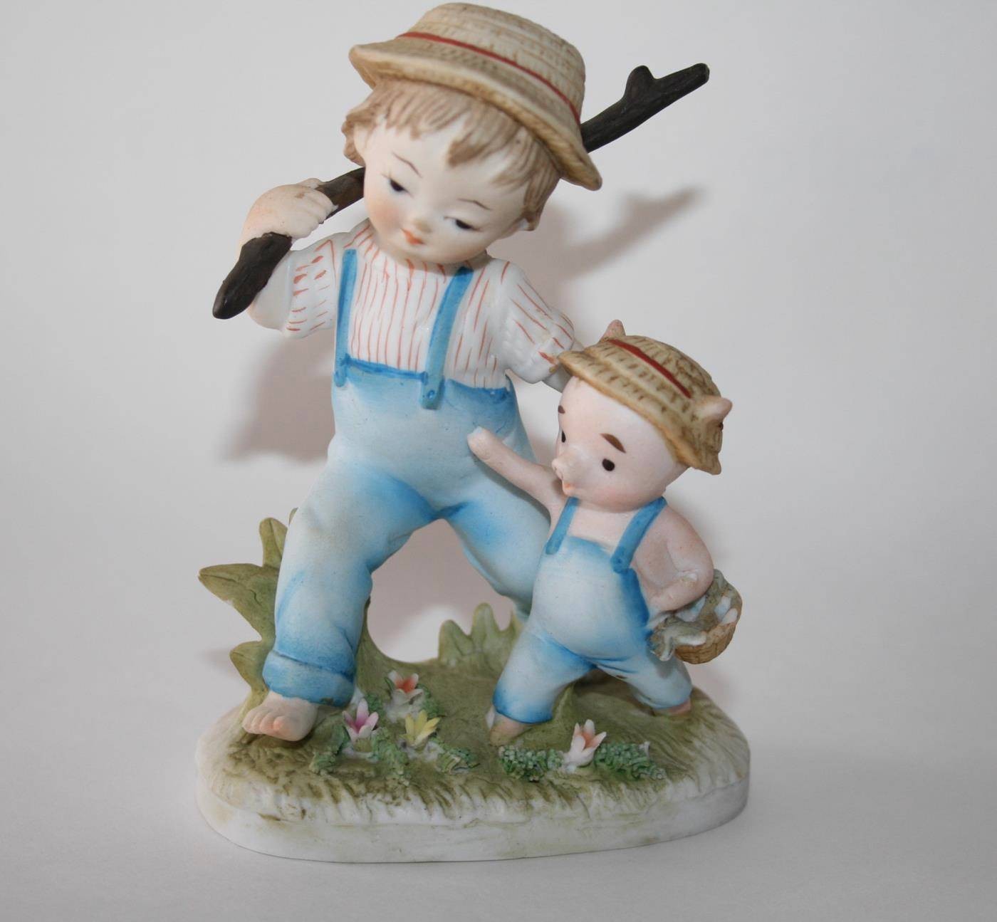 Vintage Lefton China KW1553 Hand Painted Boy with Pig Figurine  #1592