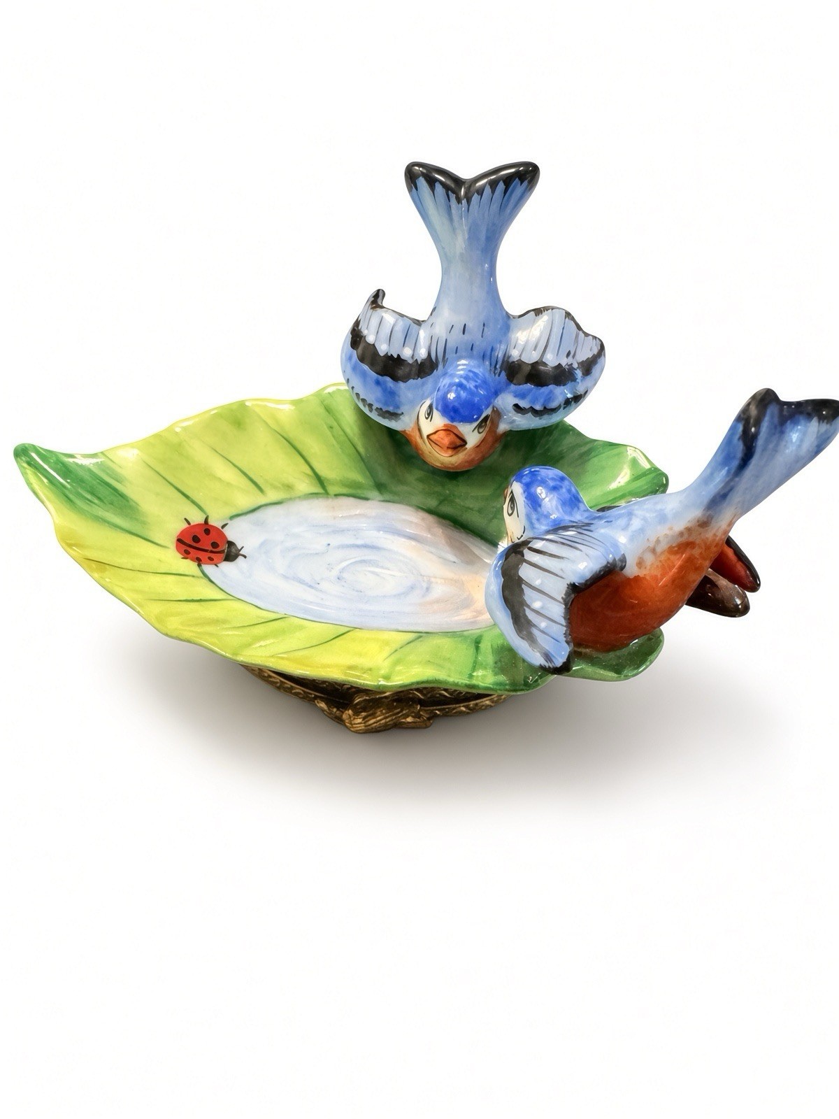 **NWOB** Limoges Peint Mein Bluebirds on Leaf with LadyBug Box Marquise De Pomp