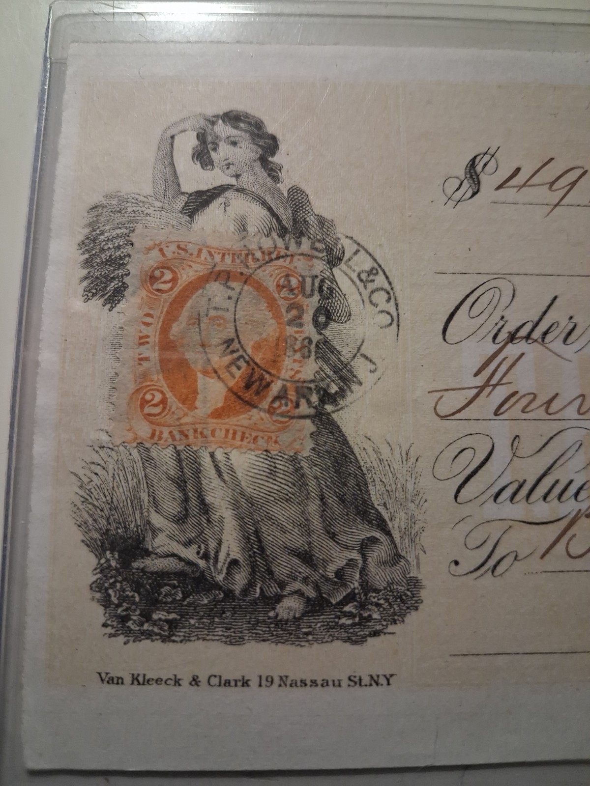 🌙SLING'S 🪙 1866 RARE $491.20 Newark New Jersey National Bank Check Sales Rm 79