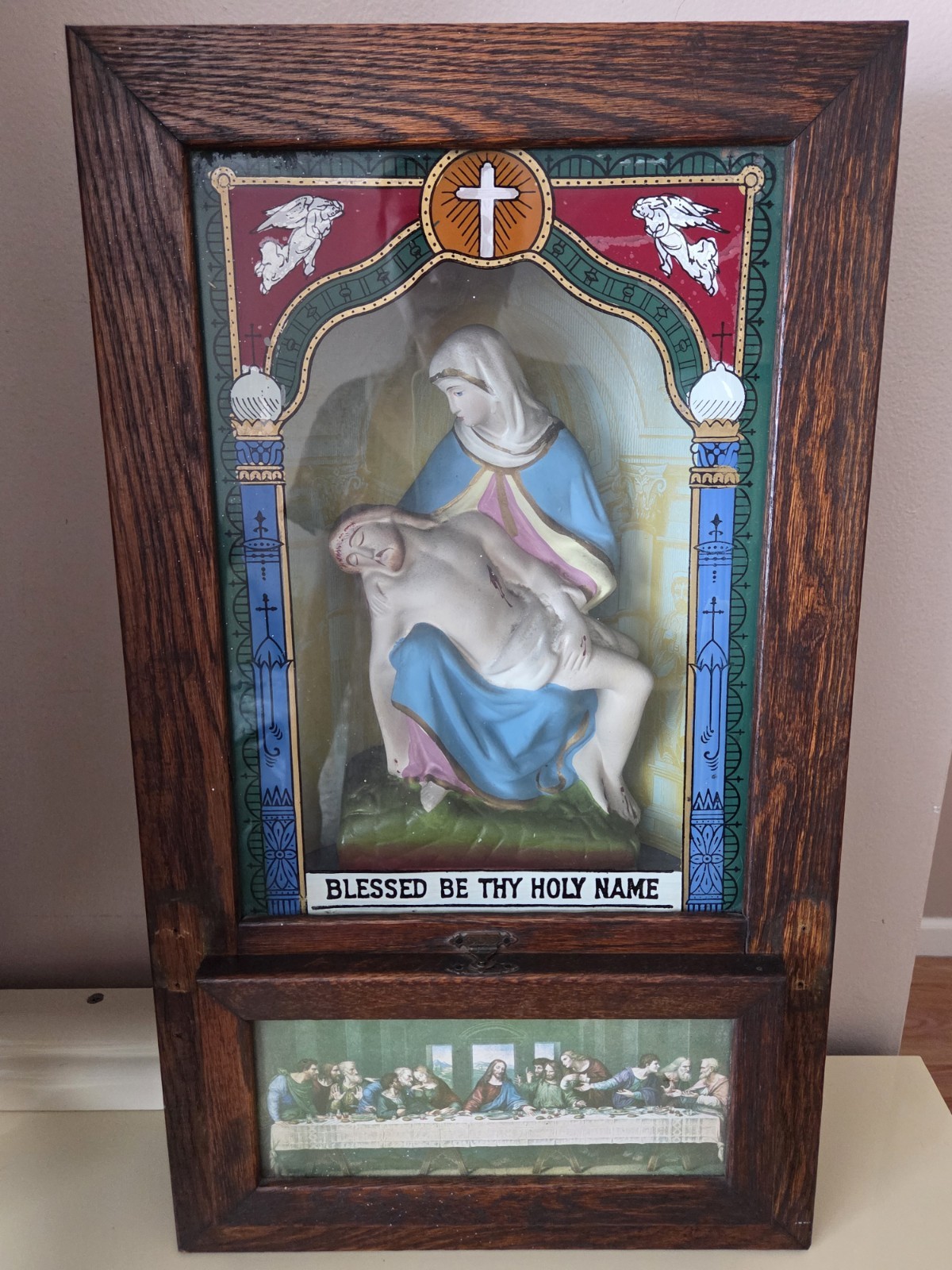 Antique Catholic Pieta Shrine Shadow Box Holy Water IHS Religious Folk Art