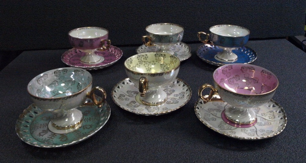 VINTAGE JAPANESE 6PC SET OF ENESCO IRIDESCENT PORCELAIN CUPS AND SAUCERS