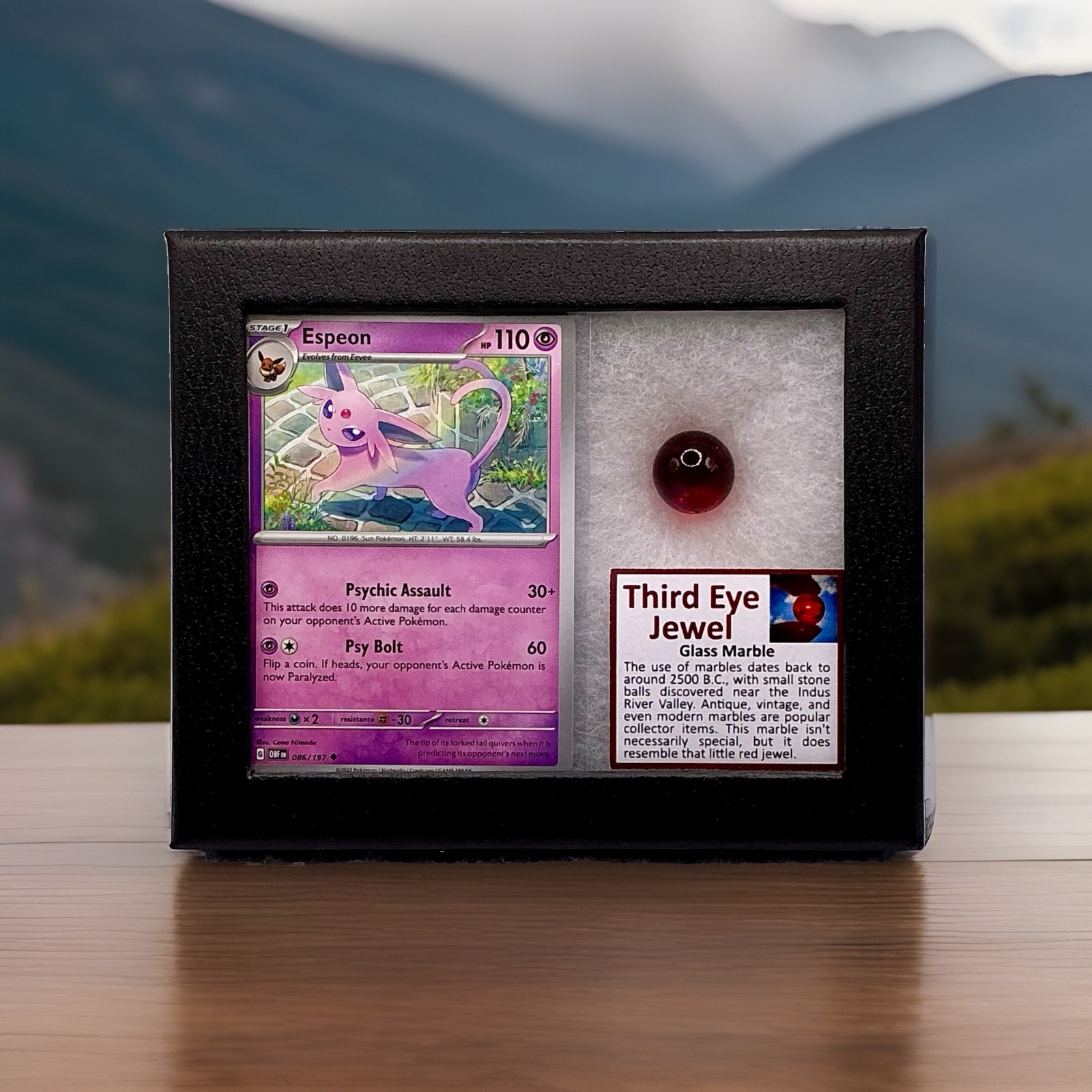 Espeon Pokémon Card With Authentic Third Eye Jewel In RIKER Display Case 