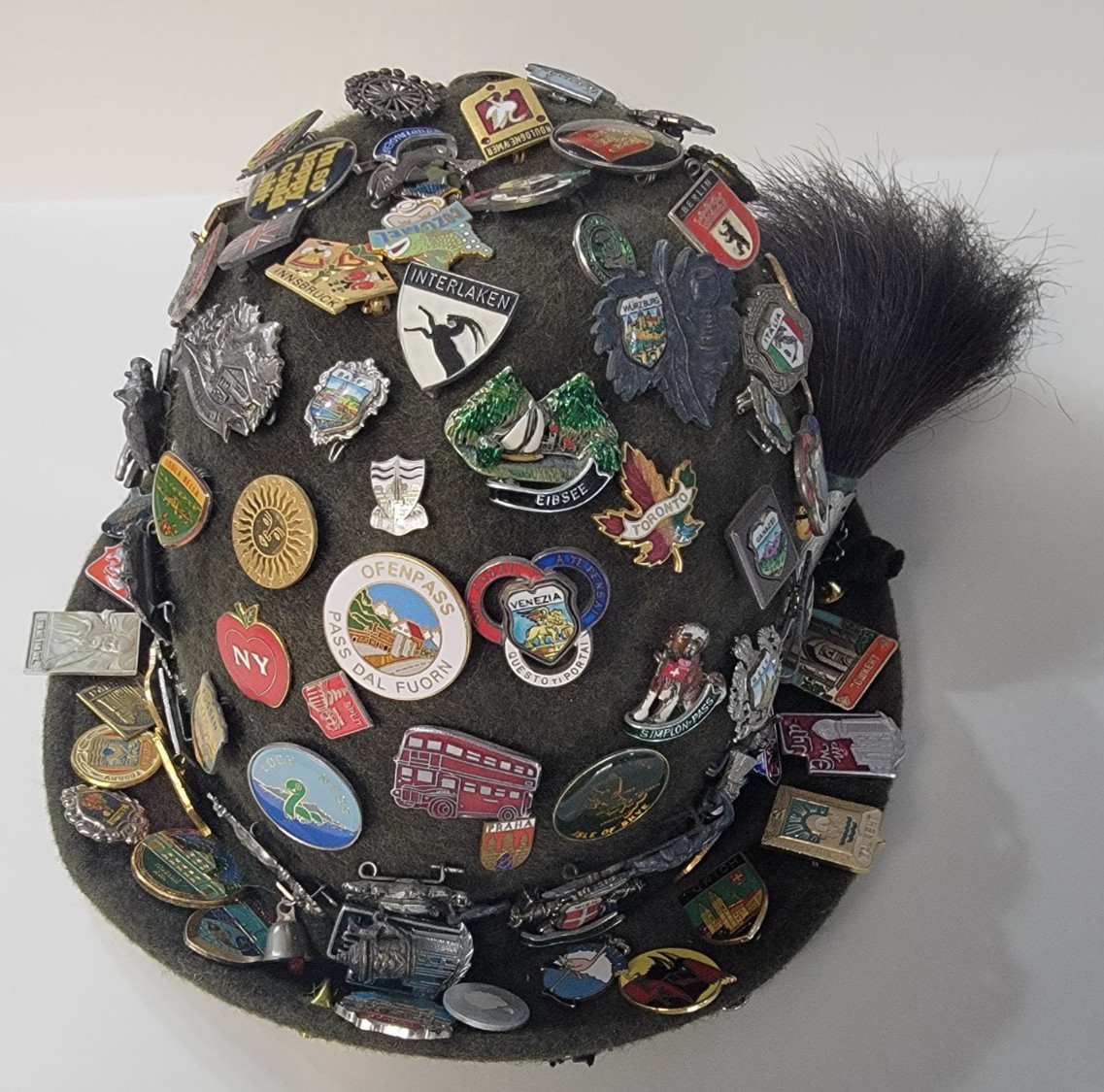 Vintage Alpine Wool Felt  Tyrolean Hat Covered in vintage Travel Pins