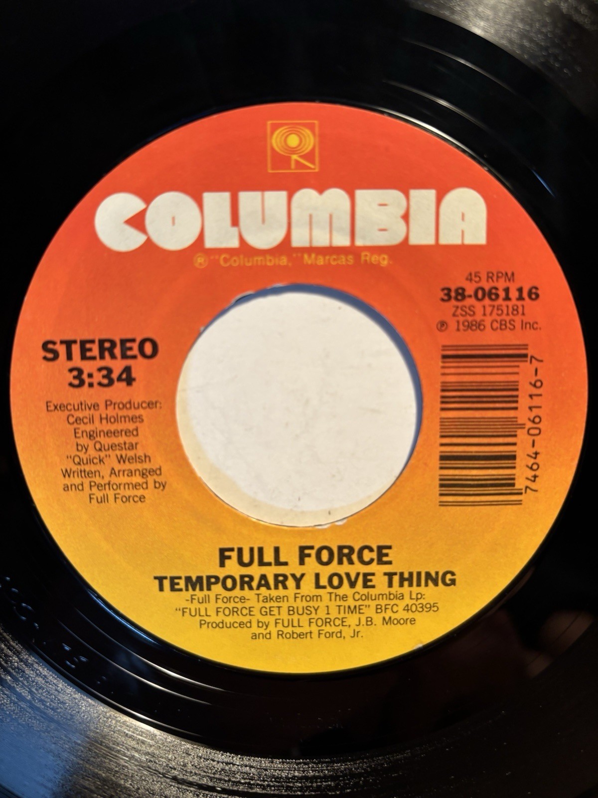 Full Force “Temporary Love Thing” Columbia 7” 45 VG++