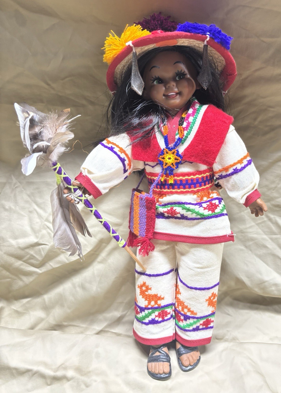 Vintage Native Mexican HUICHOL DOLL with Traditional Needlework Garment