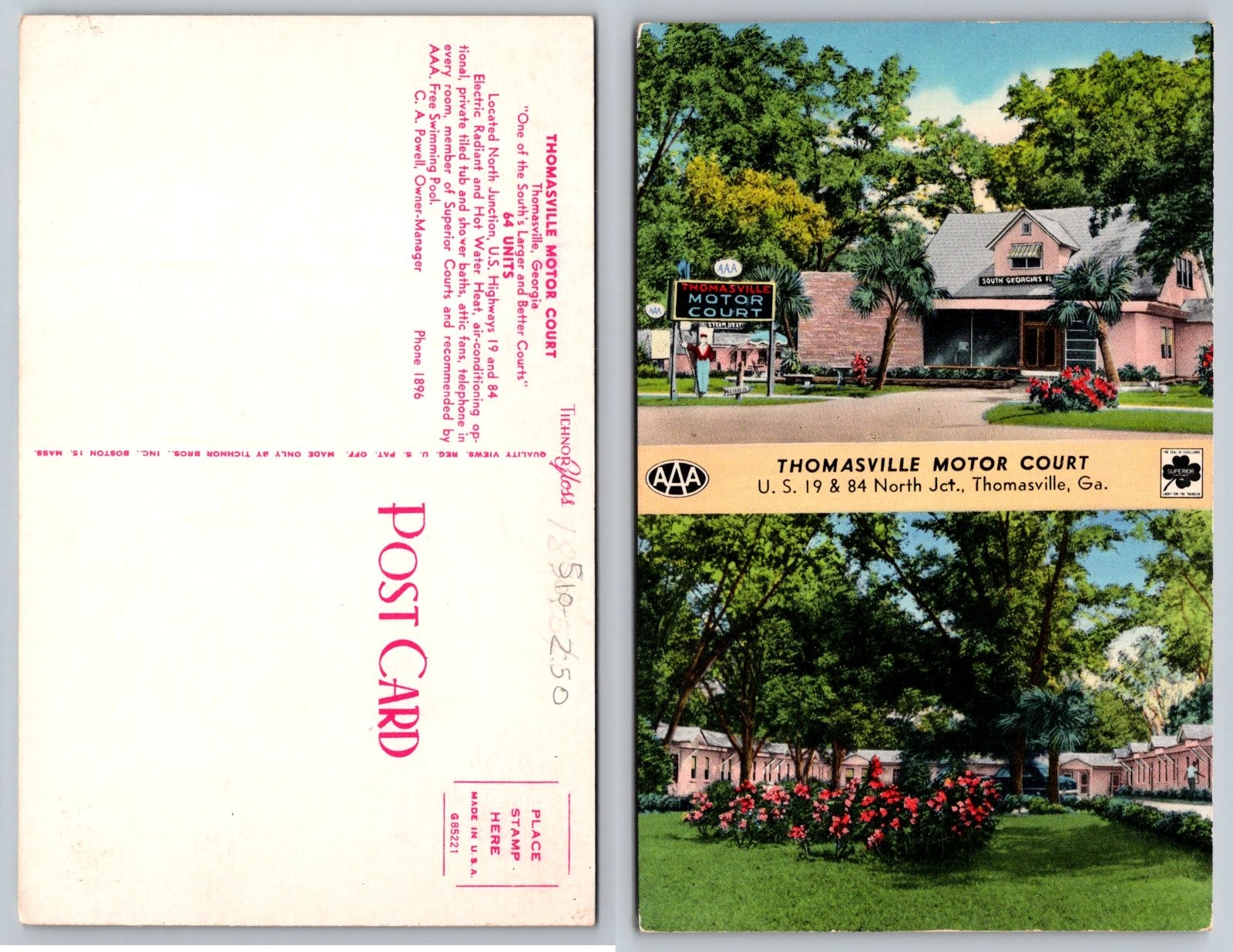 Standard Thomasville Motor Court AAA Thomasville Georgia Postcard