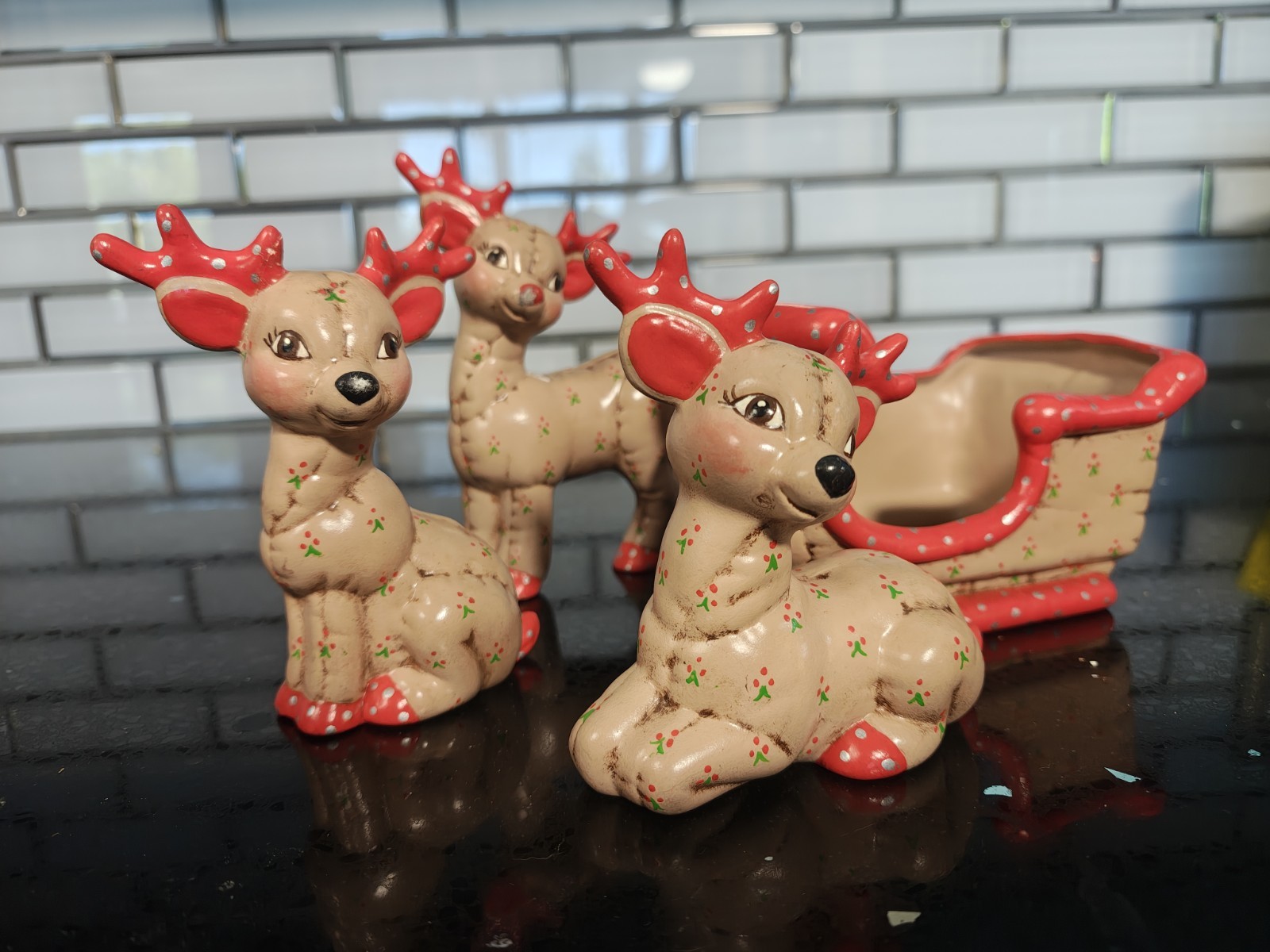Vintage Kimple Hand Painted Christmas Holiday Deer And Sleigh