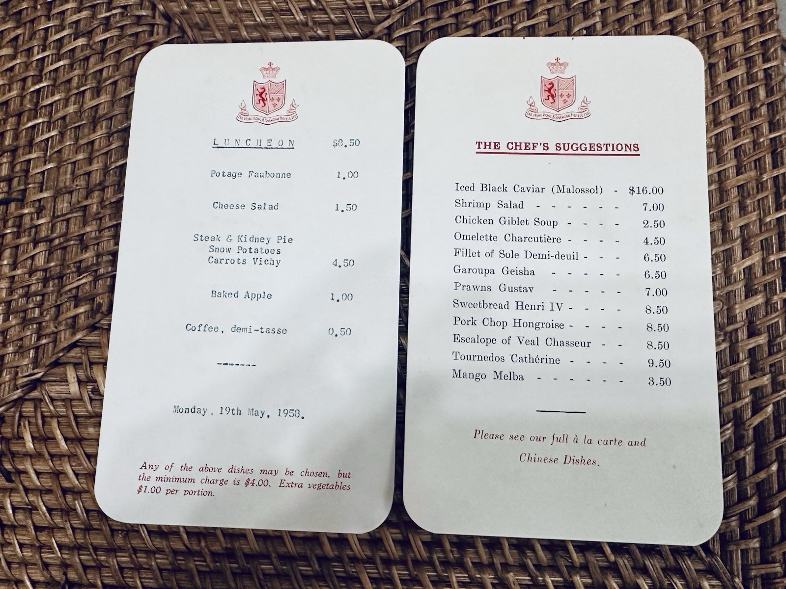 1958 The Peninsula Hotel Hong Kong Menu Set  Caviar Gastronomy Rare