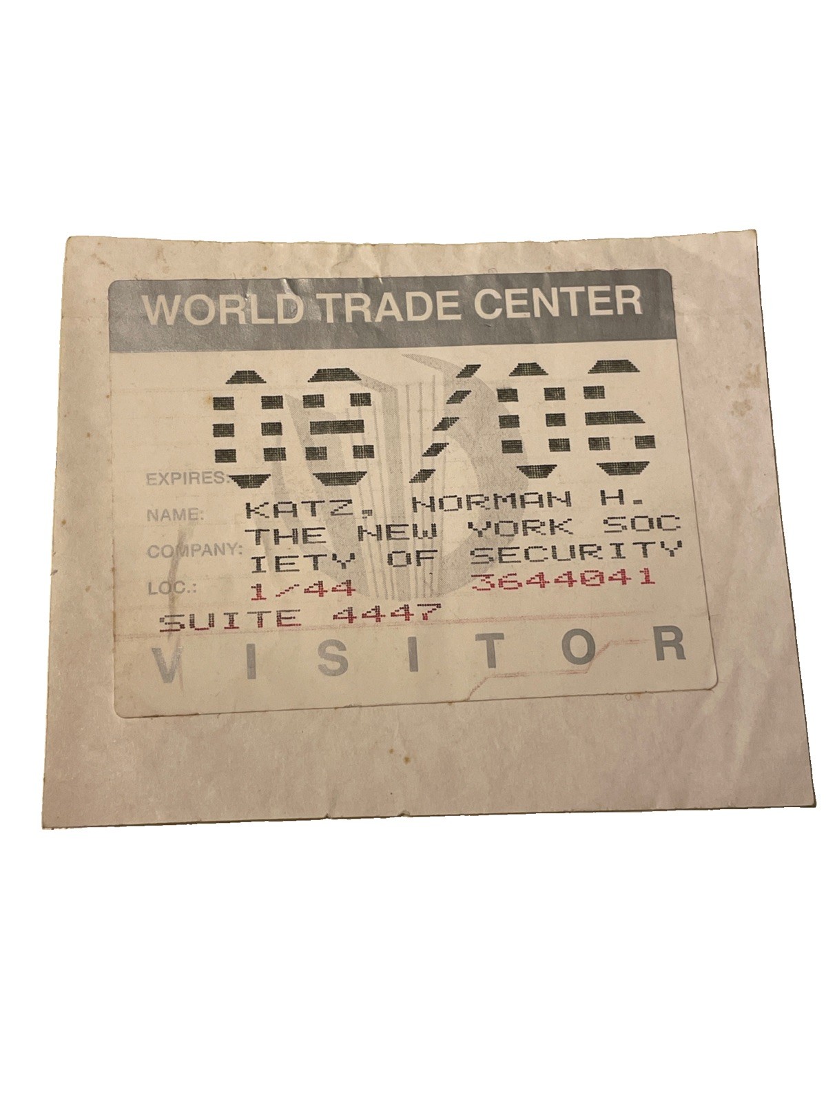 986 World Trade Center Original Visitor Pass Twin Towers NYC Pre-9/11 WTC
